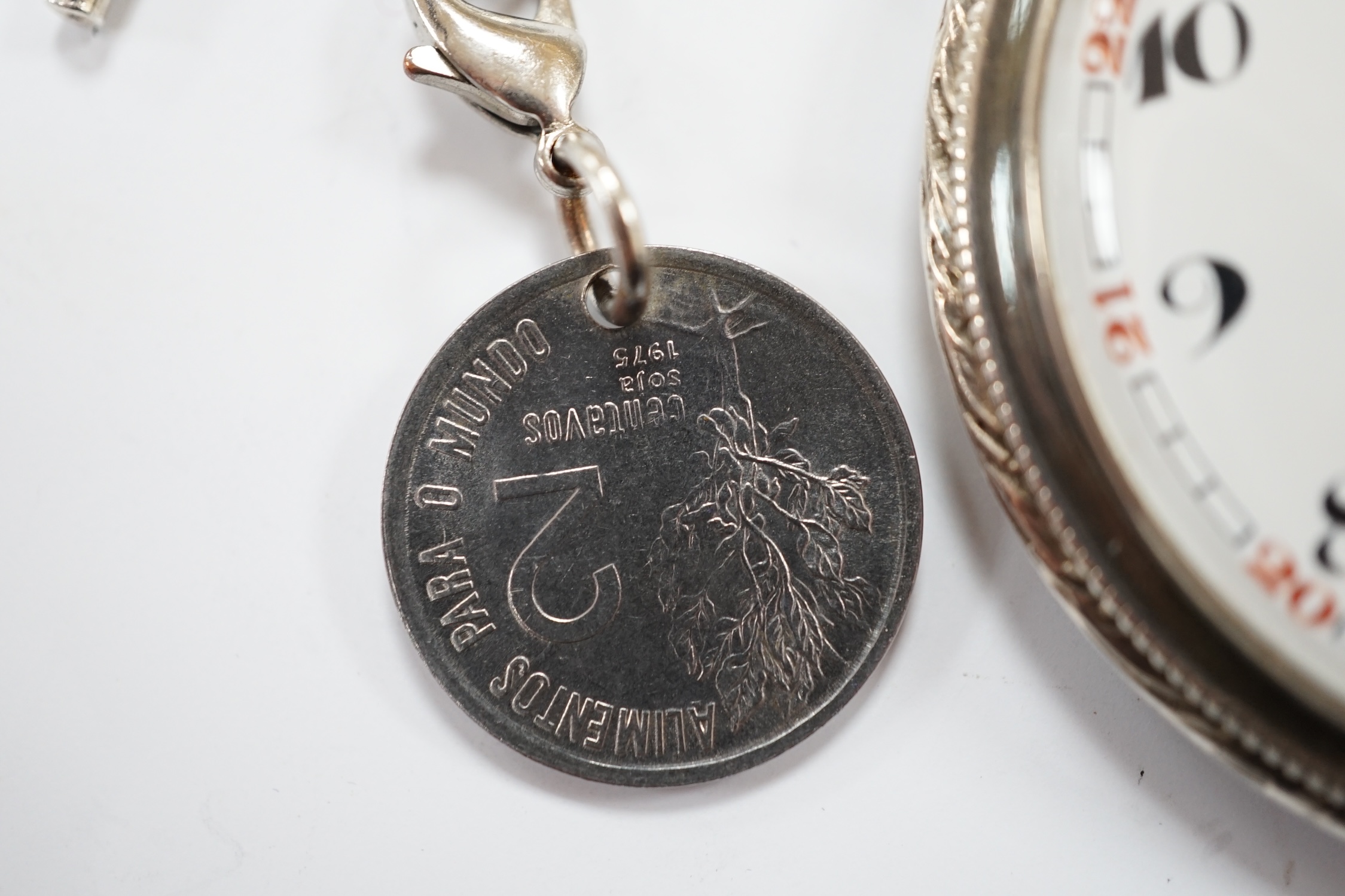 A German 900 standard cased Omega keyless open face dress pocket watch, with Arabic dial and subsidiary seconds, case diameter 48mm, together with an unmarked white metal albert.